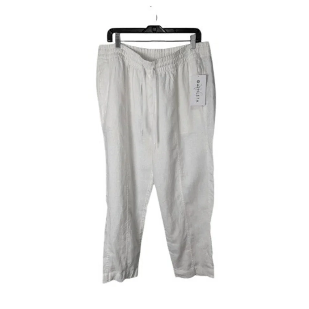 Athleta White 100% Linen Pants Womens XL NWT Elastic Waist Drawstring Zip Pocket